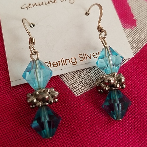 STERLING SILVER CRYSTAL BLUE EARRINGS - Picture 2 of 2